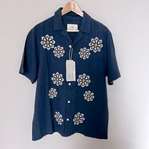 NWT Folk Men’s Short Sleeve Embroidered Floral Linen Blend Button Down Shirt.